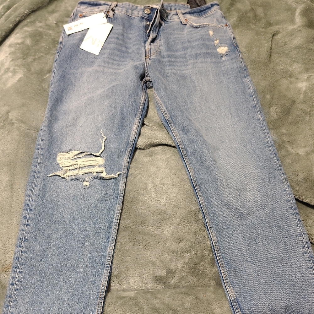 Zara Men's Slim Fit Ripped Blue Jeans